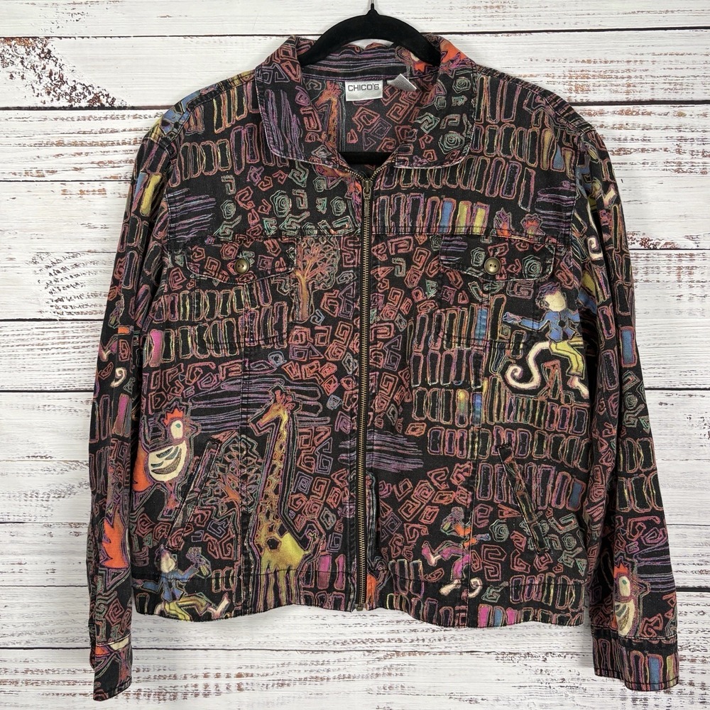 Vintage Chicos Psychedelic Monkey Graffiti Art Linen Jacket Distressed Zip Up 2